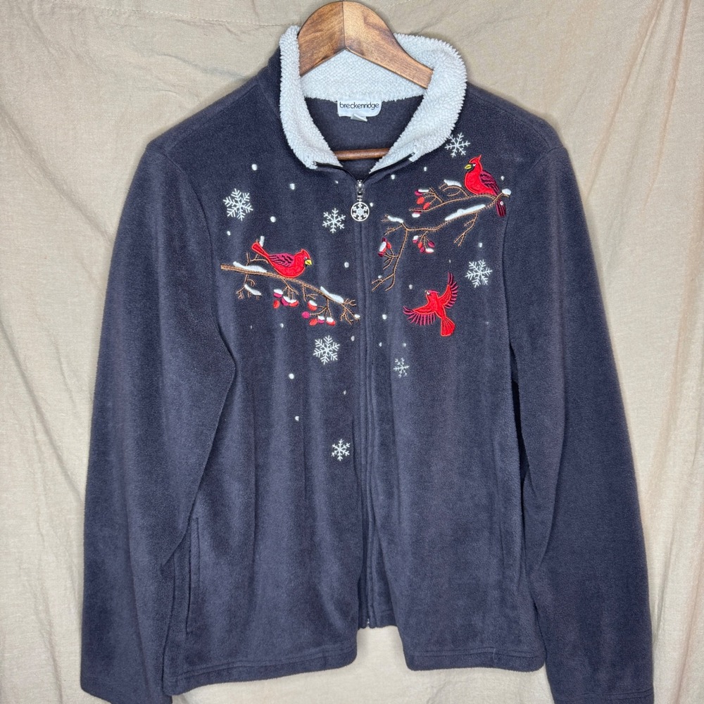 Breckenridge Womens Large Gray Fleece Jacket Cardinal Bird Snowflake Full Zip